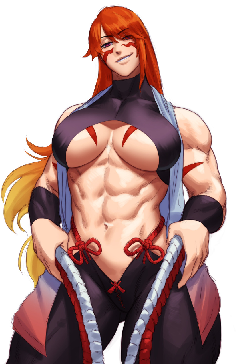 abs absurdres arm_tattoo ass_visible_through_thighs bare_arms bare_shoulders biceps breast_tattoo breasts commentary commission cowboy_shot english_commentary facial_tattoo female fuuma_kotarou_(tenkaichi) gradient_hair highres large_breasts long_hair looking_at_viewer multicolored_hair muscular muscular_female navel obliques orange_hair parted_lips purple_eyes revealing_clothes rope_belt simple_background smirk solo sotcho tattoo teeth tenkaichi_nihon_saikyou_bugeisha_ketteisen underboob white_background