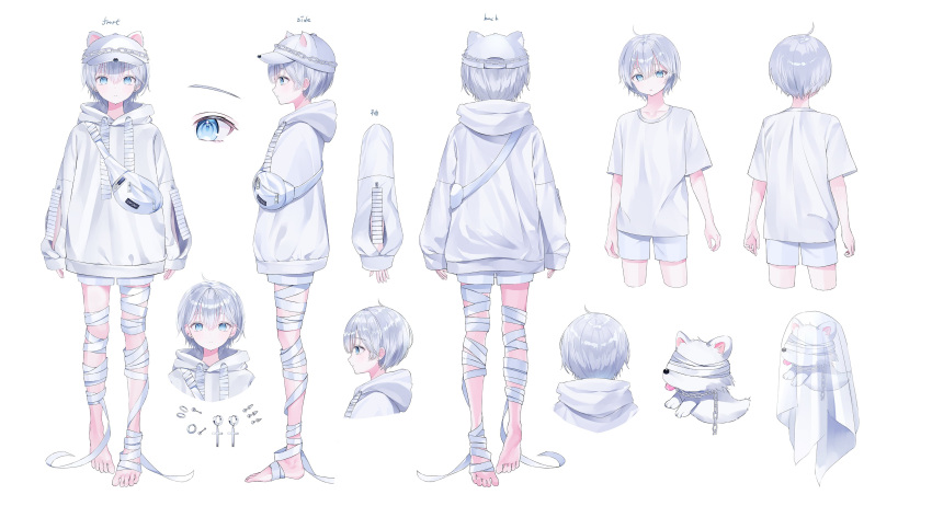 1boy absurdres animal_ears bandaged_leg bandages barefoot blindfold blue_eyes canine commentary fake_animal_ears ghost_tail grey_hair highres hood hoodie looking_at_viewer male_focus multiple_views nabi_(uz02) official_art oshiro_ito reference_sheet second-party_source shirt simple_background turnaround vee_(vtuber) veil virtual_youtuber white_background white_hoodie white_shirt white_theme