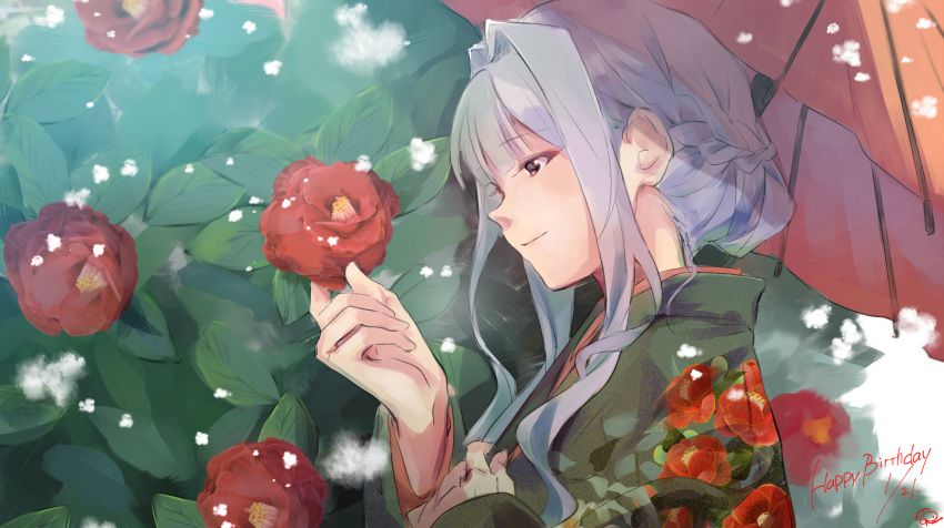 braid bush camellia camellia_print commentary_request dated female floral_print flower from_side grey_hair hair_bun hair_intakes happy_birthday highres idolmaster idolmaster_(classic) japanese_clothes kimono kuzuya_ramurin long_hair looking_at_object looking_away oil-paper_umbrella plant profile shijou_takane sidelocks single_hair_bun smile snowing solo umbrella upper_body