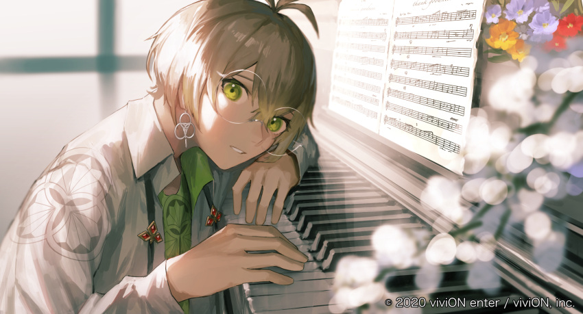 1boy androgynous azusawa_mito beamed_sixteenth_notes blurry blurry_background blurry_foreground clock_over_orquesta collared_shirt commentary_request copyright_notice earrings eighth_note flower glasses green_eyes green_shirt hair_between_eyes highres indoors instrument ishida_(segu_ishida) jewelry light_brown_hair long_sleeves looking_at_viewer male_focus musical_note necktie official_art orange_flower parted_lips piano purple_flower quarter_note red_flower sheet_music shirt short_hair solo staff_(music) undone_necktie upper_body white_flower white_shirt whole_rest