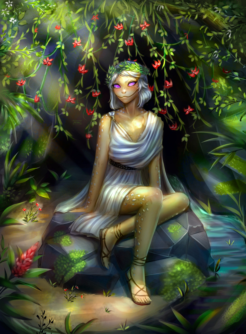 2022 absurd_res animal_humanoid arms_by_side artbyarisu asclepia belt bent_legs cave clothing creek crossed_legs detailed_background female fern flower footwear herm_(lore) hi_res humanoid laurel_wreath leg_tucked_under moss no_sclera olive_skin plant pupils purple_eyes reptile reptile_humanoid rock sandals scales scalie scalie_humanoid sitting slit_pupils snake_humanoid solo straight_arms toga vines white_body white_scales