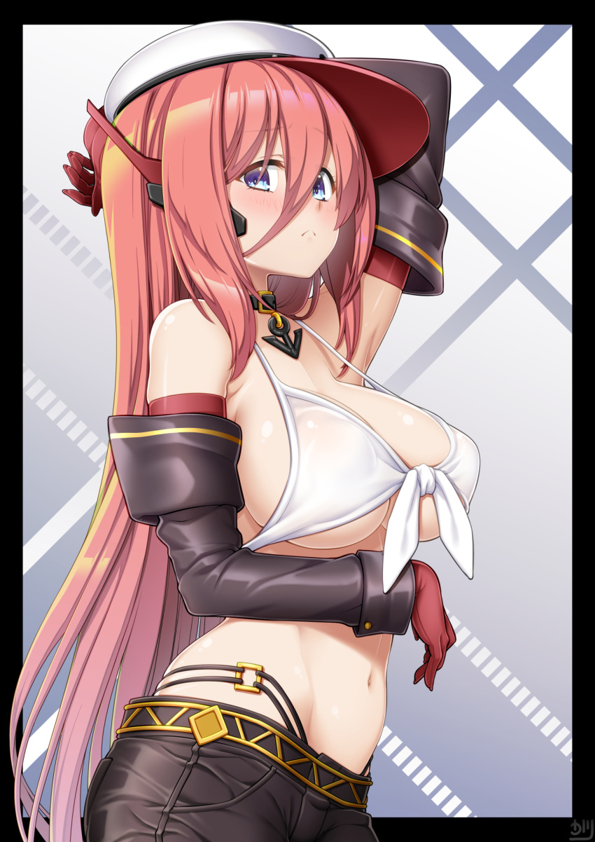 arm_up asymmetrical_clothes azur_lane bare_shoulders bikini bikini_top_only black_border black_choker black_pants blue_eyes blush border breasts choker commentary_request cowboy_shot female front-tie_bikini_top front-tie_top frown gloves hair_between_eyes hat headset highres large_breasts long_hair looking_at_viewer navel osafune_kairi pants pink_hair ranger_(azur_lane) ranger_(retrofit)_(azur_lane) red_gloves single_pantsleg solo swimsuit underboob very_long_hair white_bikini white_hat