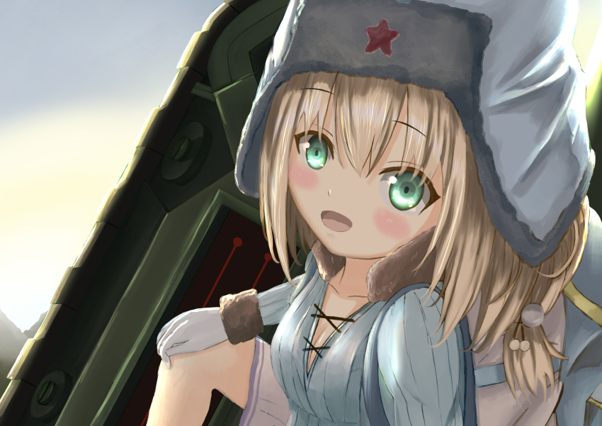 absurdres ash_arms b-4_(ash_arms) backpack bag blonde_hair blue_eyes breasts cleavage collarbone commentary_request female gloves hair_between_eyes hat highres li_zhu looking_at_viewer medium_hair sitting solo