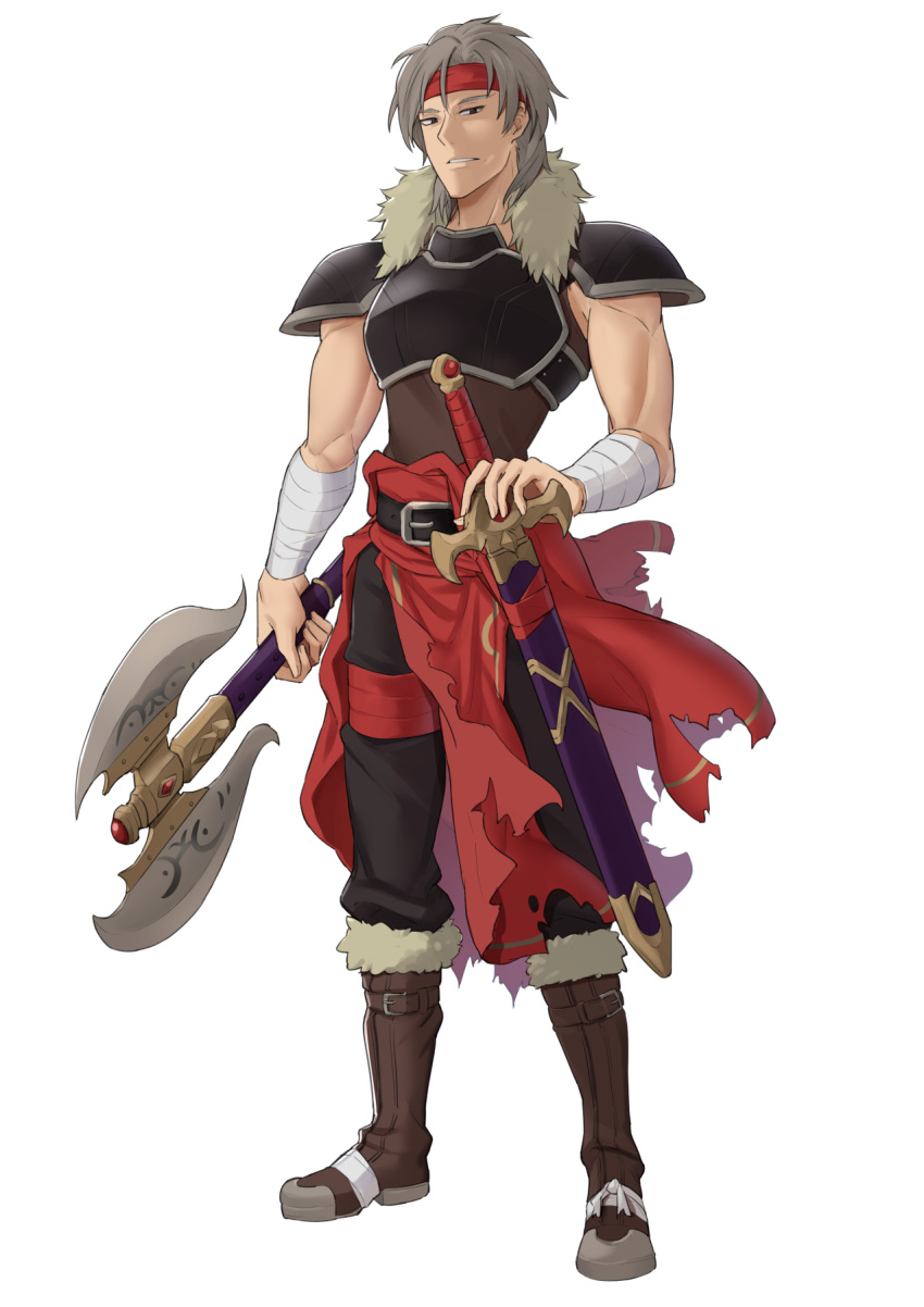 1boy armor axe belt boots brown_eyes ebinku english_commentary fire_emblem fire_emblem:_thracia_776 full_body fur_trim galzus_(fire_emblem) grey_hair headband highres male_focus solo sword teeth torn_clothes weapon white_background