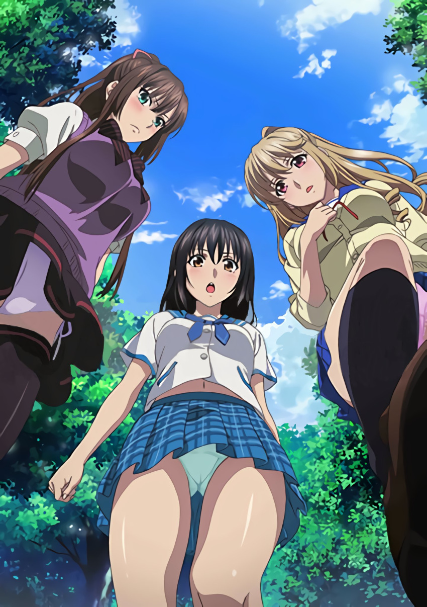 3girls :d aiba_asagi aqua_eyes aqua_panties bad_id bad_twitter_id black_hair black_legwear black_skirt blonde_hair blue_sailor_collar blue_skirt blue_sky brown_eyes brown_footwear brown_hair cardigan closed_mouth cloud collared_shirt commentary_request day dress_shirt floating_hair forest from_below frown hair_ribbon high_ponytail highres himeragi_yukina inactive_account kirasaka_sayaka loafers long_hair long_sleeves miniskirt multiple_girls nature open_mouth outdoors panties pink_panties pink_ribbon plaid plaid_skirt pleated_skirt purple_panties purple_vest red_eyes ribbon saikai_academy_school_uniform sailor_collar sailor_shirt school_uniform shiny_skin shirt shoes short_sleeves side-tie_panties skirt sky smile standing strike_the_blood sweater_vest thighhighs tree underwear very_long_hair vest white_shirt yellow_cardigan