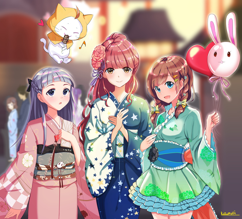 3girls architecture bag balloon black_flower black_rose blue_eyes blue_kimono blunt_bangs blurry blurry_background bobo_(miracle_nikki) bow braid breasts brown_eyes brown_hair checkered_clothes checkered_kimono crossed_arms dress_bow east_asian_architecture eating feline festival flower frilled_kimono frills green_kimono grey_eyes grey_hair hair_ornament hair_ribbon hairbow hairclip half_updo heart_balloon holding holding_bag holding_balloon japanese_clothes kimi_(miracle_nikki) kimono kuzumochi_(kuzumochiya) lolita_fashion lolita_kimono miracle_nikki momo_(miracle_nikki) multiple_girls nikki_(miracle_nikki) nikki_(series) obi pink_hair pink_kimono rabbit_balloon ribbon rose sash short_kimono side_braid star_(symbol) star_print thighs twin_braids yukata