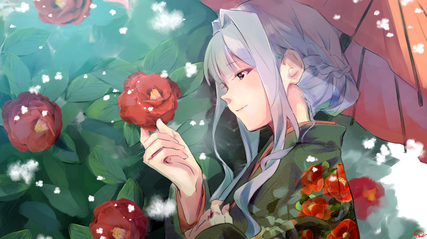 braid bush camellia camellia_print commentary_request female floral_print flower from_side grey_hair hair_bun hair_intakes highres idolmaster idolmaster_(classic) japanese_clothes kimono kuzuya_ramurin long_hair looking_at_object looking_away oil-paper_umbrella plant profile revision shijou_takane sidelocks single_hair_bun smile snowing solo umbrella upper_body