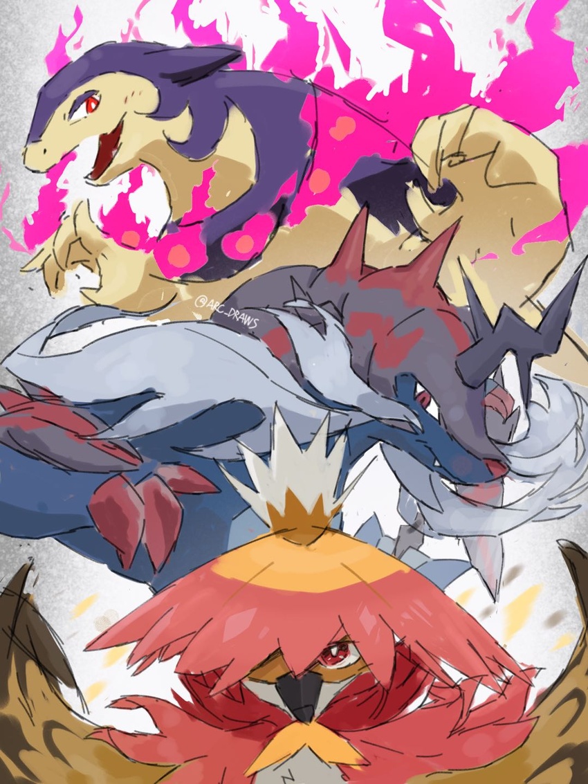 arc_draws bad_id bad_twitter_id beak claws fangs feathers fire hair_over_one_eye highres hisuian_decidueye hisuian_samurott hisuian_typhlosion horns looking_at_viewer no_humans pokemon pokemon_(creature) purple_fire red_eyes serious smile starter_pokemon_trio unfinished