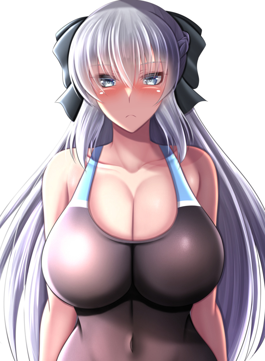 absurdres black_bow black_one-piece_swimsuit blue_one-piece_swimsuit bow braid breasts collarbone competition_swimsuit covered_navel fate/grand_order fate_(series) female grey_eyes grey_hair hair_between_eyes hairbow half_up_braid highres kanna_(minamozuki) large_breasts long_hair morgan_le_fay_(fate) multicolored_clothes multicolored_swimsuit one-piece_swimsuit solo swimsuit two-tone_swimsuit upper_body