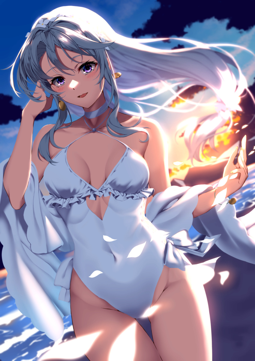 ass_visible_through_thighs asymmetrical_bangs breasts casual_one-piece_swimsuit cloud commentary_request cowboy_shot cutout_above_navel female flower frills gradient_sky grey_hair hair_flower hair_ornament hairband highleg highleg_swimsuit highres kagari_liroi kantai_collection long_hair official_alternate_costume one-piece_swimsuit purple_eyes sagiri_(kancolle) sagiri_kai_(swimsuit_mode)_(kancolle) shawl side-tie_swimsuit sky solo sunset swept_bangs swimsuit thigh_gap white_one-piece_swimsuit white_shawl