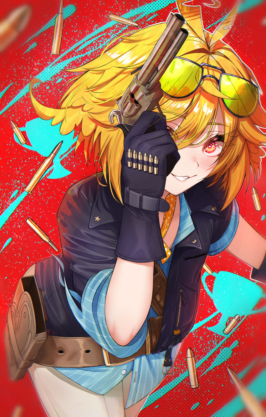 absurdres belt black_gloves blonde_hair blue_shirt blush breasts brown_belt bullet commentary english_commentary eyewear_on_head female gloves gun hair_between_eyes highres holding holding_gun holding_weapon holster large_breasts orange_eyes original pants pietrosatou revolver shirt smile solo sunglasses weapon white_pants