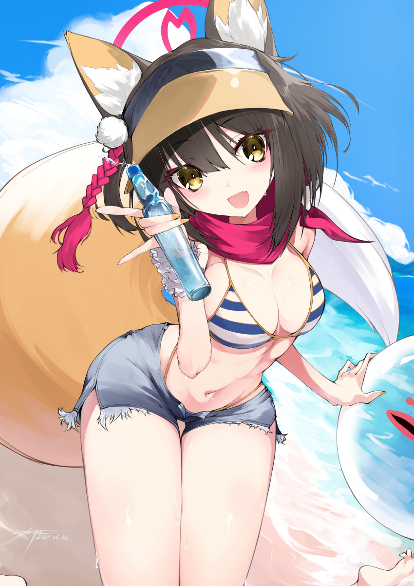 :d absurdres animal_ear_fluff animal_ears ball barefoot beach beachball bikini black_hair blue_archive bottle breasts cleavage cloud day denim denim_shorts female fox_ears fox_girl fox_tail highres holding holding_bottle izuna_(blue_archive) izuna_(swimsuit)_(blue_archive) looking_at_viewer medium_breasts navel ocean oerba_yun_fang open_mouth outdoors ramune scarf short_hair short_shorts shorts sky smile solo striped_bikini striped_clothes swimsuit tail thigh_gap visor_cap water yellow_eyes yonagi_white