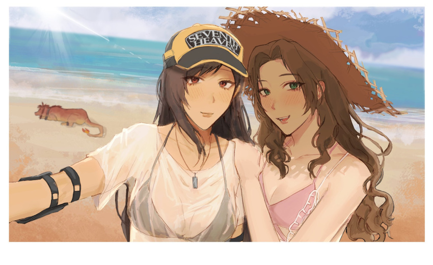 aerith_gainsborough aerith_gainsborough_(sunny_robe) baseball_cap beach bikini bikini_under_clothes black_bikini black_hair breasts brown_hair final_fantasy final_fantasy_vii final_fantasy_vii_ever_crisis hat hel_6 highres large_breasts ocean official_alternate_costume pink_bikini red_xiii see-through see-through_shirt selfie shirt smile straw_hat swimsuit tifa_lockhart tifa_lockhart_(lifeguard) two-tone_headwear wet wet_clothes wet_shirt whistle whistle_around_neck