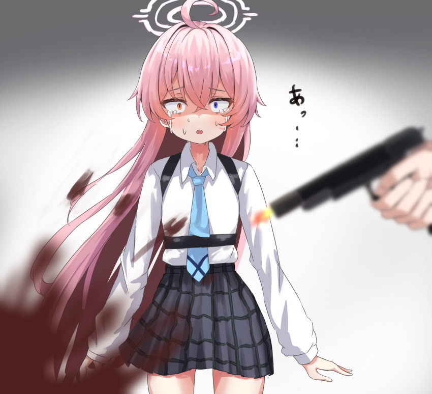 1other absurdres ahoge blood blood_splatter blue_archive blue_eyes blue_necktie blurry blurry_foreground collared_shirt commentary_request constricted_pupils crying crying_with_eyes_open depressed depth_of_field female firing furrowed_brow grey_skirt gun hair_between_eyes halo handgun heterochromia highres holding holding_gun holding_weapon hoshino_(blue_archive) long_hair long_sleeves looking_at_viewer nanahosi45 necktie open_mouth pink_hair plaid_clothes plaid_skirt pleated_skirt sad school_uniform sensei_(blue_archive) shirt shoulder_strap sidelocks simple_background skirt straight strap streaming_tears surprised tears traumatized upper_body very_long_hair weapon white_shirt yellow_eyes