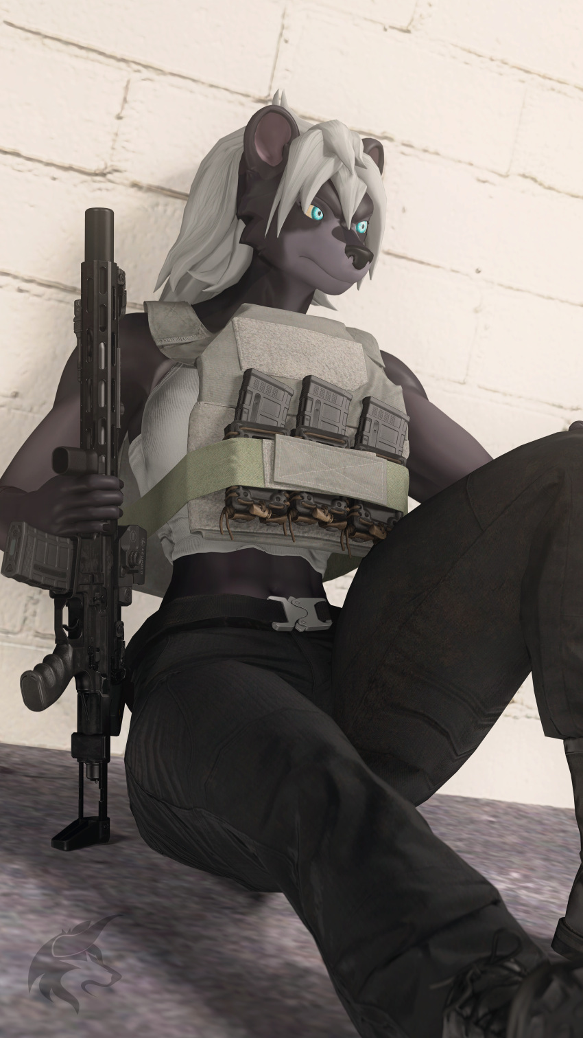 3d_(artwork) 4k 9:16 absurd_res anthro assault_rifle axe bear black_bear boots bulletproof_vest clothing digital_media_(artwork) facility fan_character female footwear group gun hair hi_res ludexus male mammal military minerva_zaslav_(ludexus) muscular ranged_weapon rifle rooftop shoes soldier solo source_filmmaker_(artwork) stealth tactical_gear tactical_gloves ursine warrior weapon white_hair