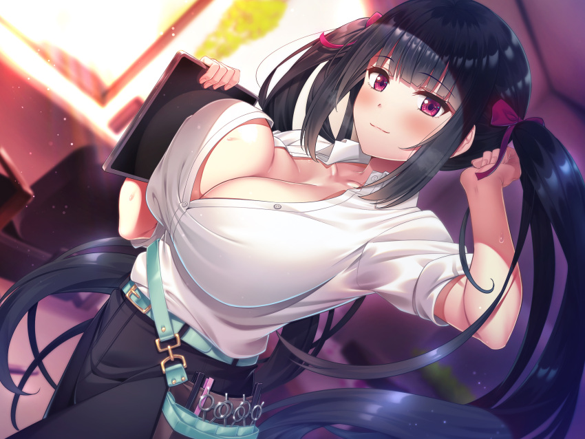 arm_up bag belt black_hair black_pants blunt_bangs blush breast_press breasts cleavage closed_mouth collarbone dress_shirt dutch_angle female hair_ribbon handbag highres holding holding_tablet_pc indoors large_breasts long_hair looking_at_viewer non-web_source original pants purple_eyes ribbon scissors shirt sidelocks smile solo standing super_nagoyaka sweat tablet_pc twintails very_long_hair white_shirt window