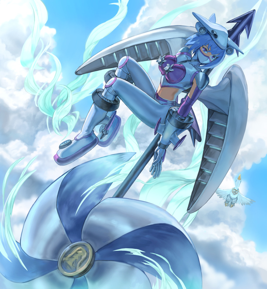 absurdres airplane_hair_ornament blue_hair boots breasts commentary_request digimon digimon_(creature) female gloves highres jetsilphymon level-00 looking_at_viewer mask medium_breasts midriff mouth_mask ninja_mask pants pinwheel purple_eyes thrusters white_footwear white_gloves white_mask white_pants wind