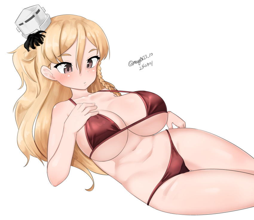 absurdres bare_shoulders bikini blonde_hair braid breasts brown_eyes female hair_between_eyes hat highres kantai_collection large_breasts long_hair lying maru_(marg0613) mini_hat red_bikini single_braid solo swimsuit tilted_headwear wavy_hair white_hat zara_(kancolle)