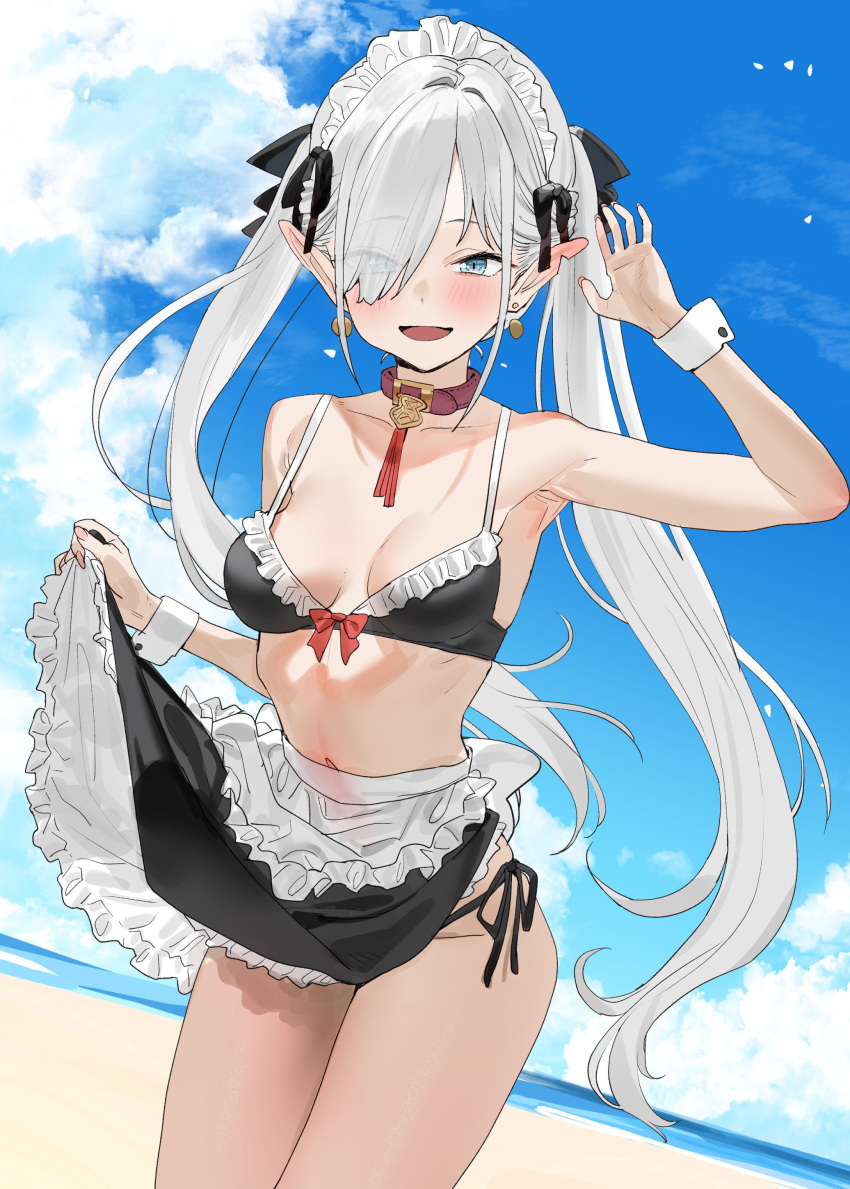 :d absurdres apron apron_lift beach bikini black_bikini black_ribbon blue_sky blush breasts clothes_lift cloud collar collarbone commentary_request day elf female frills hair_over_one_eye hair_ribbon hand_up highres lifting_own_clothes long_hair looking_at_viewer maid maid_bikini maid_headdress medium_breasts navel notched_ear ocean open_mouth original outdoors pointy_ears red_collar ribbon side-tie_bikini_bottom sky smile solo standing subachi swimsuit thighs tongue twintails unconventional_maid white_hair white_wrist_cuffs wrist_cuffs