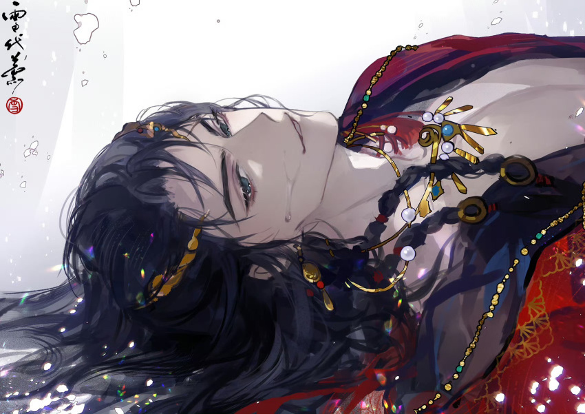 1boy black_hair blue_eyes braid character_request chinese_clothes chinese_text copyright_request dangle_earrings earrings hair_ornament highres jewelry long_hair looking_at_viewer lying male_focus necklace on_back parted_lips solo sweat sweatdrop upper_body white_background xuedaixun