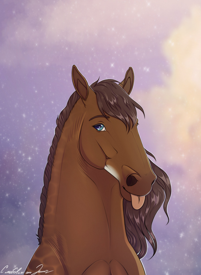 ambiguous_gender blue_eyes brown_body brown_hair brown_mane bust_portrait digital_media_(artwork) dolero equid equine eyebrows feral hair hi_res horse looking_at_viewer male_(lore) mammal mane portrait signature simple_background smile solo tongue tongue_out zamch