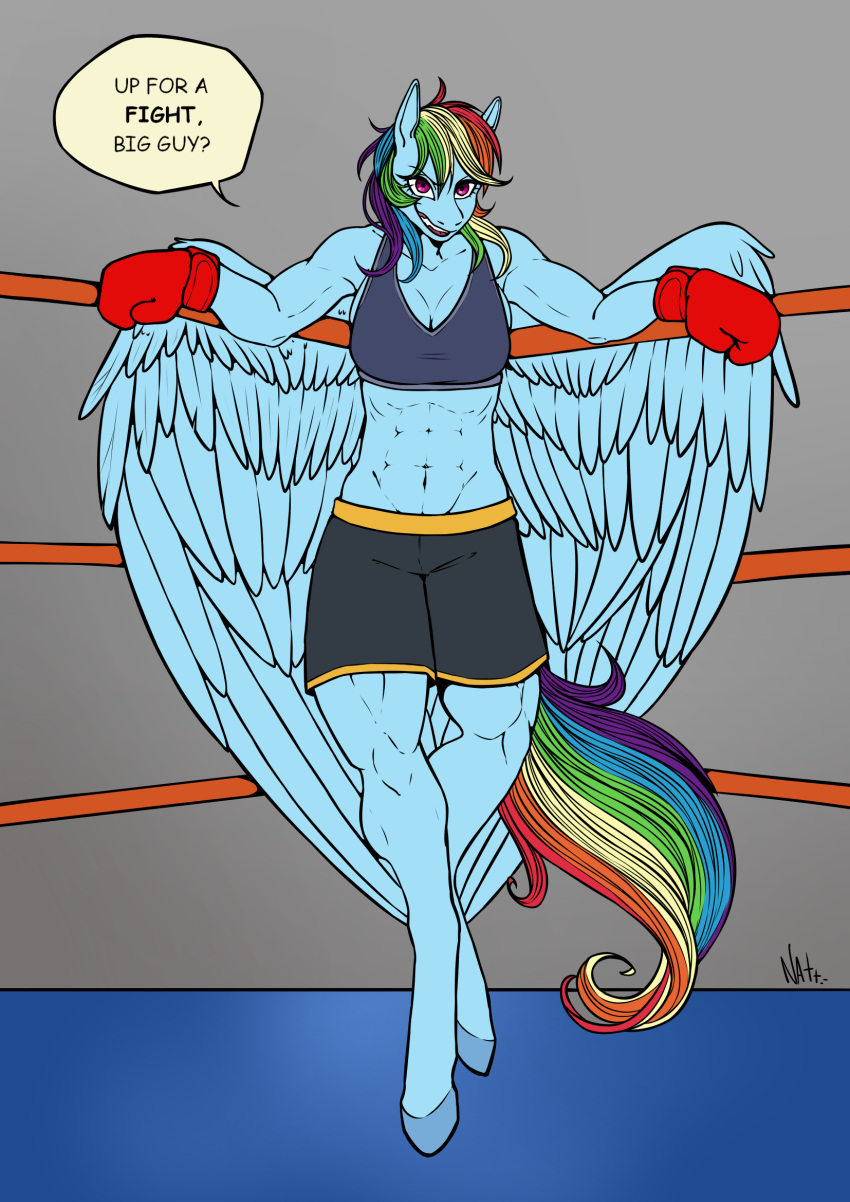 anthro boxing_gloves clothing equid equine exercise female fighting_ring friendship_is_magic handwear hasbro hi_res mammal my_little_pony mythological_creature mythological_equine mythology natt333 pegasus rainbow_dash_(mlp) solo wings workout workout_clothing