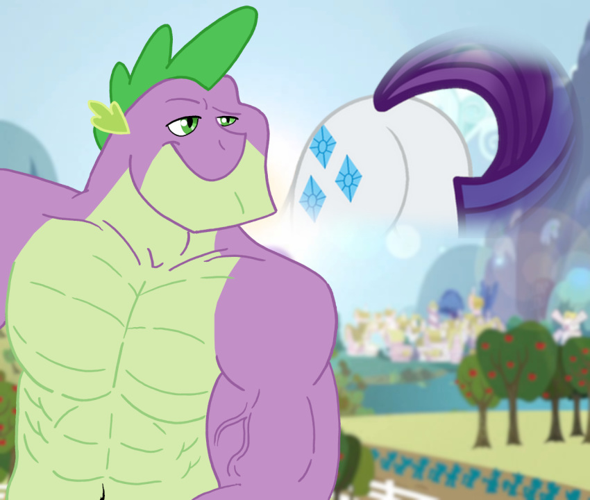 anthro ass big_butt cafe-grimful cutie_mark dragon duo equid equine female feral friendship_is_magic fur green_eyes hasbro horse huge_butt male male/female mammal muscular muscular_male my_little_pony mythological_creature mythological_scalie mythology pony ponyville purple_body purple_tail rarity_(mlp) scalie smile spike_(mlp) tail thinking vein veiny_muscles white_body white_fur