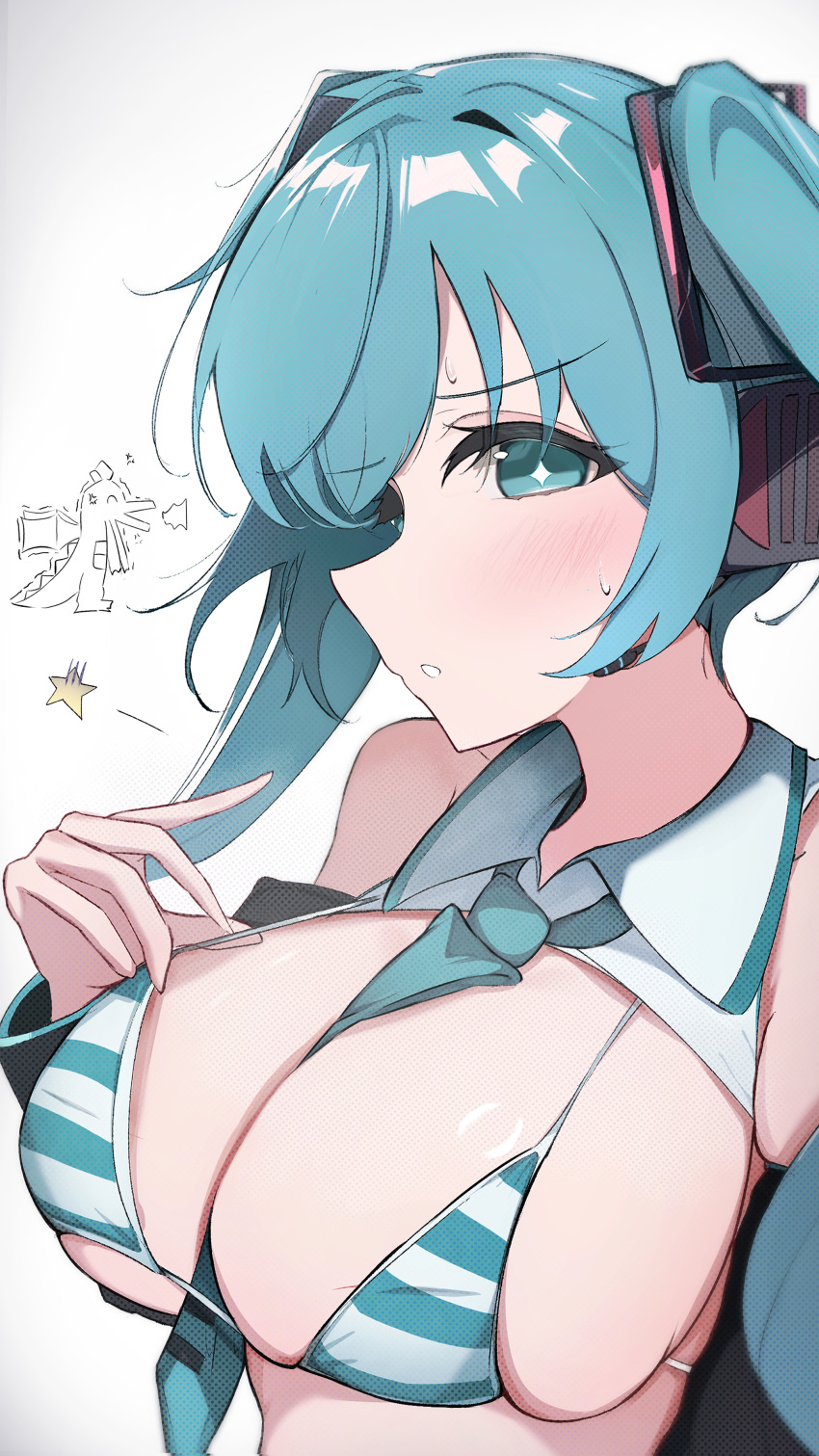 absurdres aqua_eyes aqua_hair aqua_necktie archi_(aruki) bare_shoulders between_breasts bikini breasts bright_pupils cleavage collared_shirt commentary detached_sleeves diamond-shaped_pupils diamond_(shape) female hair_between_eyes halftone hatsune_miku highres large_breasts long_hair looking_at_viewer meme_attire miku_collar_bikini necktie necktie_between_breasts parted_lips profile shirt simple_background skindentation solo star_(symbol) strap_pull striped_bikini striped_clothes suki_na_souzai_happyou_dragon_(utau) swimsuit symbol-shaped_pupils twintails upper_body vocaloid white_background