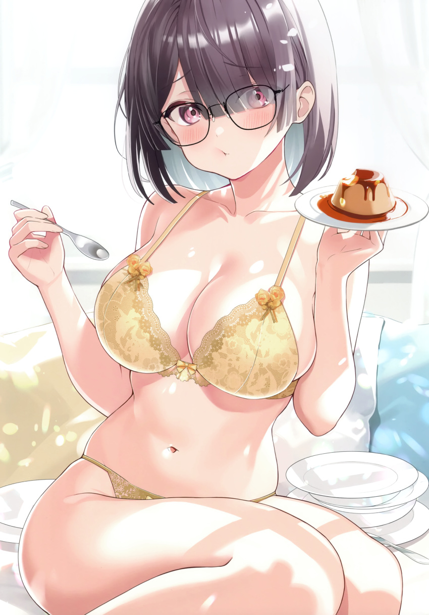 :t absurdres blush bra breasts brown_hair female food glasses highres holding holding_food indoors large_breasts motsunuki navel non-web_source original panties pillow pink_eyes plate plump pout pudding short_hair sitting spoon stomach thick_thighs thighs underwear underwear_only yellow_bra yellow_panties