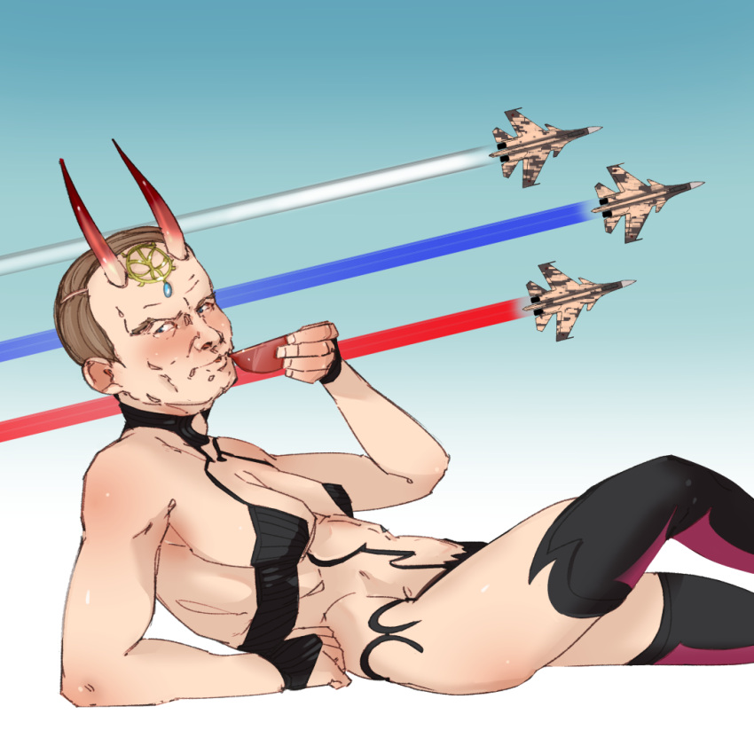 1boy aircraft airplane black_thighhighs blue_eyes brown_hair cosplay cup drinking fate/grand_order fate_(series) fighter_jet holding holding_cup horns jet male_focus military_vehicle real_life revealing_clothes sakazuki short_hair shuten_douji_(fate) shuten_douji_(fate)_(cosplay) skin-covered_horns solo su-37 thighhighs toorops very_short_hair vladimir_putin