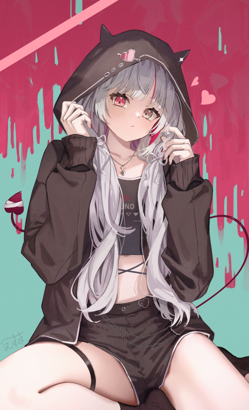 absurdres black_jacket black_shorts blue_background brown_eyes collarbone crop_top demon_tail esuma_gt female grey_hair hair_ribbon heart heterochromia highres hood hood_up hooded_jacket ishigami_nozomi jacket jewelry long_hair long_sleeves looking_at_viewer midriff necklace nijisanji open_clothes open_jacket red_background red_eyes ribbon short_shorts shorts sitting solo stomach tail thigh_strap virtual_youtuber white_ribbon