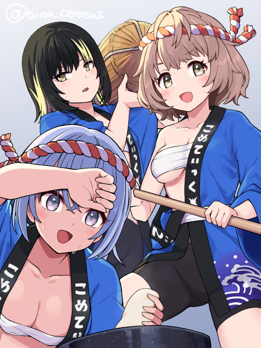 3girls :d arm_up bike_shorts black_hair black_shorts blonde_hair blush breasts brown_eyes brown_hair collarbone cometik_(idolmaster) commentary_request food grey_background grey_hair hair_between_eyes highres holding holding_food idolmaster idolmaster_shiny_colors ikaruga_luca ikuta_haruki kine looking_at_viewer mallet medium_breasts mochi multicolored_hair multiple_girls open_clothes purple_eyes sarashi shorts simple_background smile streaked_hair suzuki_hana sweat tsunaso_(lack_of_sunlight) twitter_username