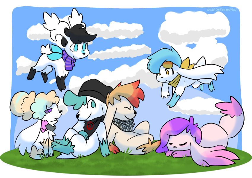 cherry_(okinoakari) generation_4_pokemon group hi_res jaki-kun legendary_pokemon multiple_characters nico_(screamoshaymin) nintendo pokemon pokemon_(species) screamoshaymin shaymin sky_forme_shaymin veis