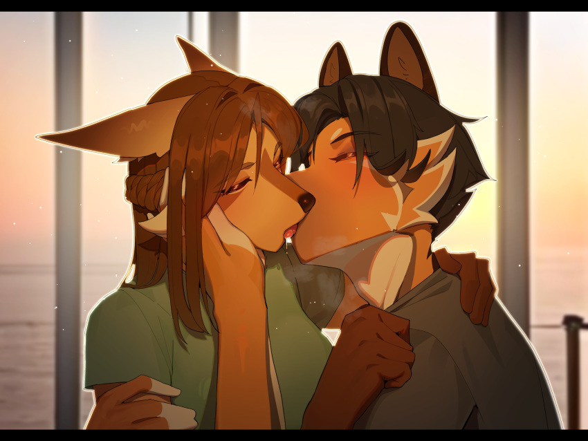 absurd_res african_wild_dog anthro biped black_hair blush bodily_fluids brown_body brown_eyes brown_fur brown_hair canid canine canis closed_eyes dobermann domestic_dog duo female french_kissing fur hair happy herding_dog hi_res jackal kambo kemono kissing kyle_(calix7994) lenka_(janjin192) male male/female mammal married_couple pastoral_dog pinscher romantic romantic_couple