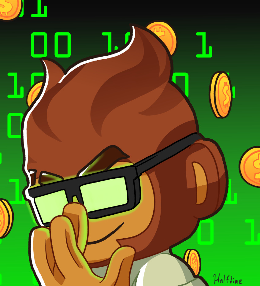 anime_glasses anthro benjamin_(bloons) bloons_tower_defense brown_body brown_fur brown_hair clothing eyebrow_slit eyebrows eyewear eyewear_on_head fur glasses glasses_on_head glowing_glasses green_clothing green_shirt green_topwear hair half_dime haplorhine hi_res humor male mammal meme monkey ninja_kiwi primate shirt smile smirk solo topwear