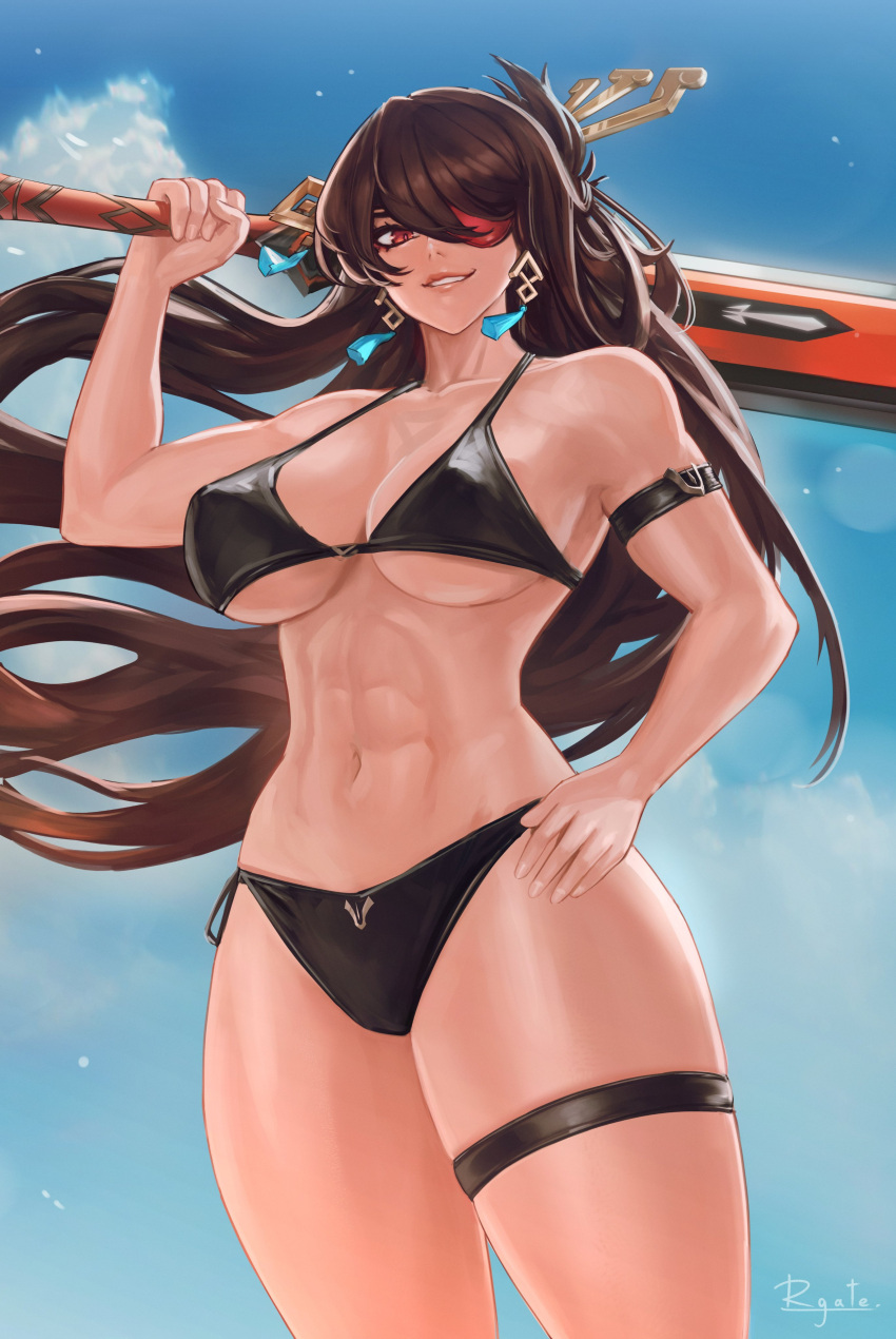 abs absurdres alternate_costume arm_strap beidou_(genshin_impact) bikini black_bikini black_hair blackcliff_slasher_(genshin_impact) blue_sky breasts cleavage cloud collarbone colored_eyepatch earrings english_commentary eyepatch female gatery genshin_impact hair_ornament hair_over_one_eye hair_stick hand_on_own_hip highres holding holding_sword holding_weapon jewelry large_breasts long_hair looking_at_viewer navel one_eye_covered outdoors over_shoulder red_eyes signature sky smile solo stomach swimsuit sword sword_over_shoulder tassel tassel_hair_ornament thigh_strap toned_female very_long_hair weapon weapon_over_shoulder