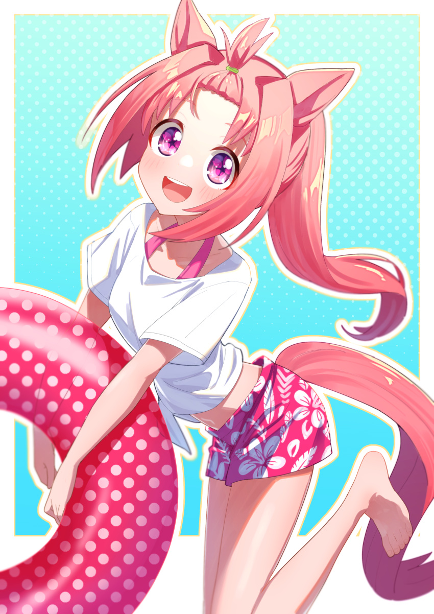 absurdres animal_ears bangs_pinned_back bare_legs barefoot blue_background border breasts commentary_request female floating_hair floral_print forehead freely2327 gaze_on_me!_outfit_(umamusume) haru_urara_(umamusume) hibiscus_print highres horse_ears horse_girl horse_tail innertube leg_up long_hair looking_at_viewer outline pink_eyes pink_hair pink_shorts ponytail print_shorts shirt short_shorts short_sleeves shorts sidelocks small_breasts solo swim_ring t-shirt tail umamusume white_border white_outline white_shirt