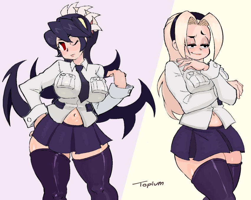 before_and_after black_hair black_hairband black_thighhighs blonde_hair collared_shirt dual_persona female filia_(skullgirls) hairband half-closed_eyes highres long_hair long_sleeves multicolored_background navel necktie official_alternate_hair_color official_alternate_hairstyle one_eye_closed parted_bangs pleated_skirt plump red_eyes samson_(skullgirls) school_uniform shirt signature simple_background skirt skullgirls smile smirk smug thick_thighs thighhighs thighs topium wide_hips zettai_ryouiki