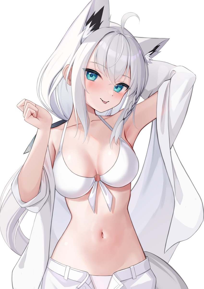 :p absurdres ahoge alternate_costume animal_ear_fluff animal_ears arm_behind_head armpits bikini blue_eyes blush braid breasts closed_mouth commentary crossed_bangs female fox_ears fox_girl fox_tail hair_between_eyes halterneck hand_up highres hololive large_breasts long_hair looking_at_viewer low_ponytail navel o-ring o-ring_bikini o-ring_top off_shoulder open_clothes open_fly open_shirt shin_insh shirakami_fubuki shirt side_braid simple_background single_braid solo stomach swimsuit tail tongue tongue_out very_long_hair virtual_youtuber white_background white_bikini white_hair white_shirt