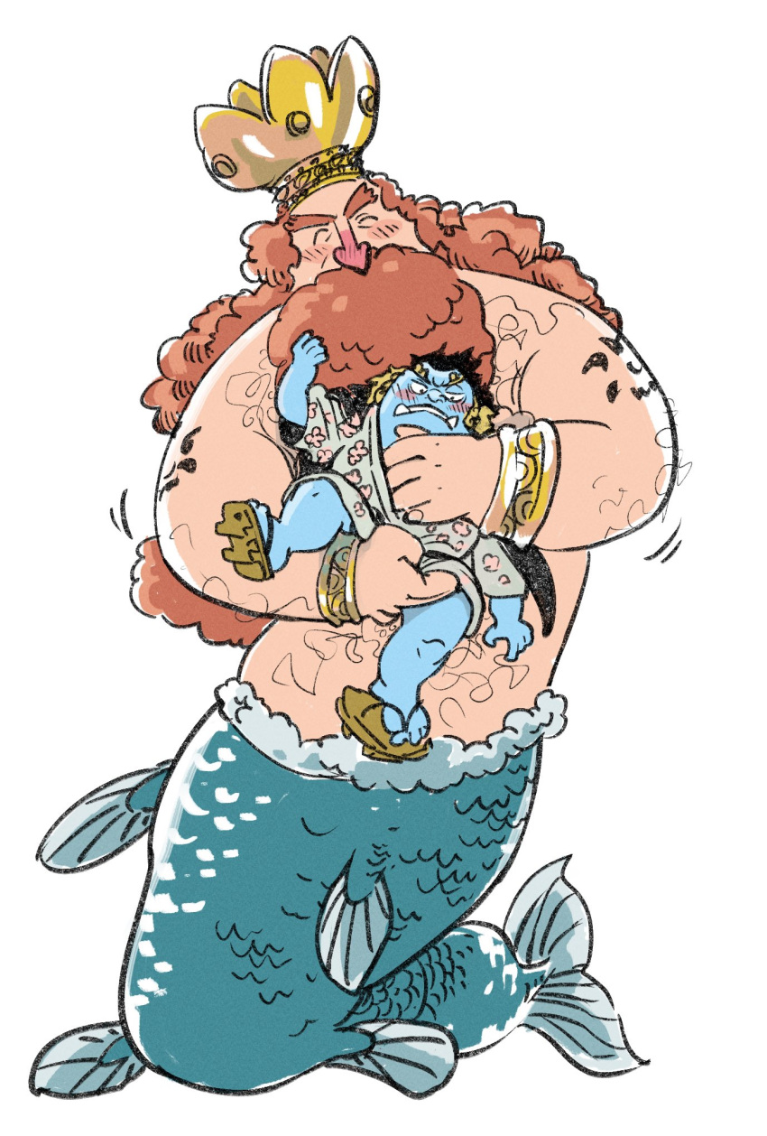 2boys affectionate aged_down bara beard blush crown facial_hair hairy highres jinbe_(one_piece) king long_beard long_nose male_focus mature_male merman monster_boy multiple_boys neptune_(one_piece) one_piece size_difference sparse_arm_hair sparse_chest_hair takichizento thick_eyebrows