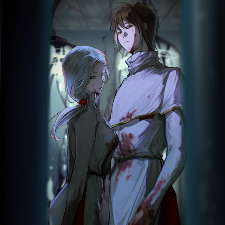 1boy blood blood_on_clothes blood_on_face blood_on_hands blue_eyes blue_hair brown_hair capelet chinese_commentary closed_mouth coat commentary_request enomoto_noa female frown gold_trim hair_bobbles hair_ornament height_difference highres hua_(qingmeiranshuangxue) isoi_haruki light_blue_hair long_sleeves low_ponytail pants red_eyes red_pants saibou_shinkyoku side_ponytail stasis_tank white_capelet white_coat