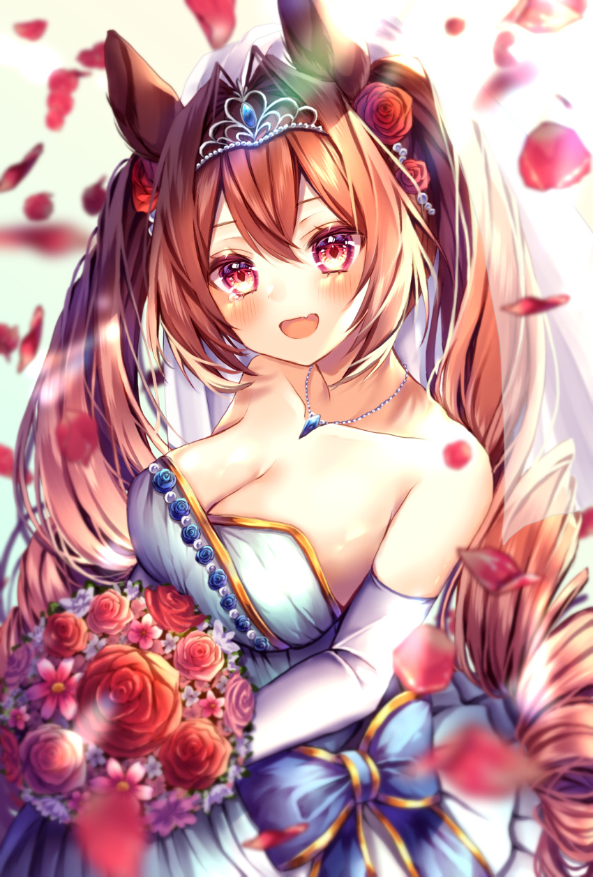 :d animal_ears bare_shoulders blue_bow blush bouquet bow breasts bride brown_hair collarbone commentary_request cowboy_shot daiwa_scarlet_(umamusume) dress female flower hair_flower hair_intakes hair_ornament highres holding holding_bouquet horse_ears horse_girl jewelry large_breasts long_hair looking_at_viewer necklace open_mouth petals red_eyes red_flower red_rose rose rose_petals simple_background smile solo strapless strapless_dress tiara twintails umamusume very_long_hair wedding_dress white_background white_dress xx_momomo_xx