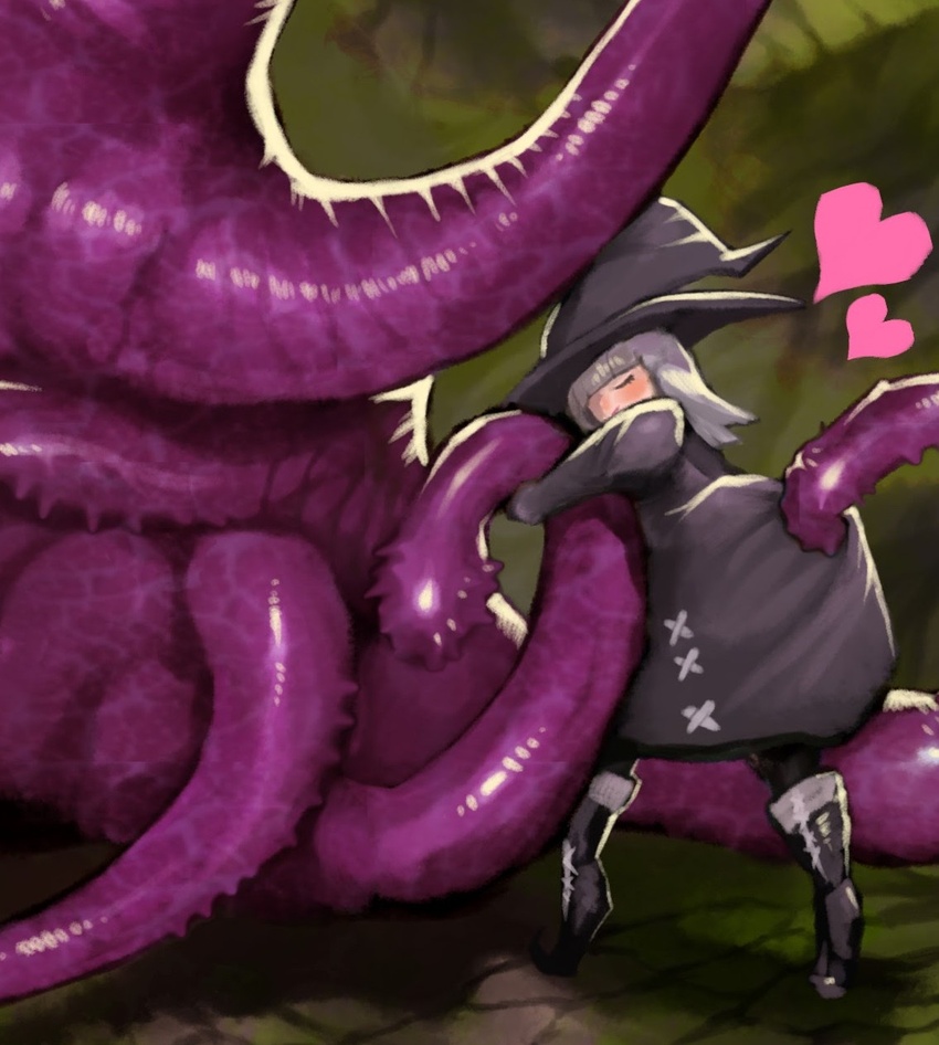 blue_lips blush closed_eyes crack cracked_floor cropped dress fantasy female grey_dress grey_eyes grey_footwear grey_headwear hat heart highres hug lipstick makeup monster original pulling smile sumosamo tentacle tongue tongue_out veins witch witch_hat