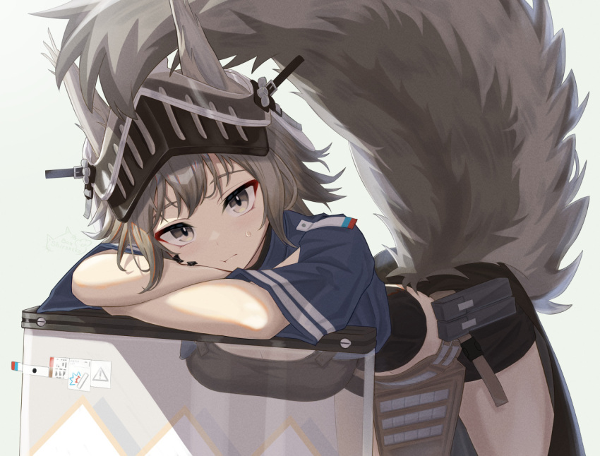 :t animal_ears arknights ashlock_(arknights) ashlock_(elite_ii)_(arknights) bent_over black_pants black_shirt breasts brown_eyes brown_hair cleavage closed_mouth clothing_cutout cowboy_shot female looking_at_viewer material_growth medium_breasts oripathy_lesion_(arknights) pants shironekoban shirt short_hair short_sleeves simple_background solo squirrel_ears squirrel_girl squirrel_tail sweatdrop tail tail_through_clothes thigh_cutout visor_(armor) white_background