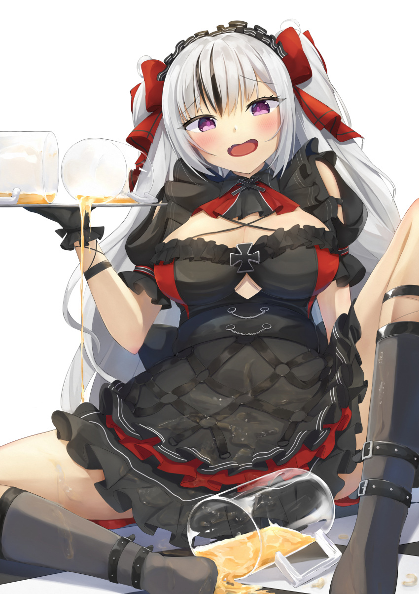 absurdres azur_lane beer_mug black_dress black_footwear black_gloves black_hair breasts cleavage clothing_cutout cross cup dress elbe_(azur_lane) elbe_(time_to_show_off?)_(azur_lane) female frilled_dress frills gloves hair_ribbon highres holding holding_tray iron_cross large_breasts layered_dress long_hair mug multicolored_hair nori_aji official_alternate_costume open_mouth purple_eyes red_ribbon ribbon simple_background sitting solo spill spilling streaked_hair tray two-tone_hair underboob_cutout very_long_hair white_background white_hair