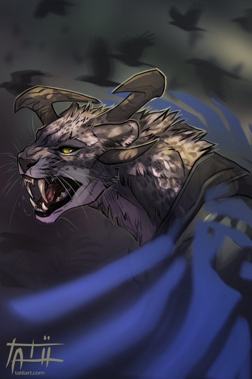 2020 absurd_res ambiguous_gender black_lips charr digital_media_(artwork) felid feral guild_wars hi_res horn lips mammal open_mouth solo tatiilange teeth text tongue url whiskers yellow_eyes