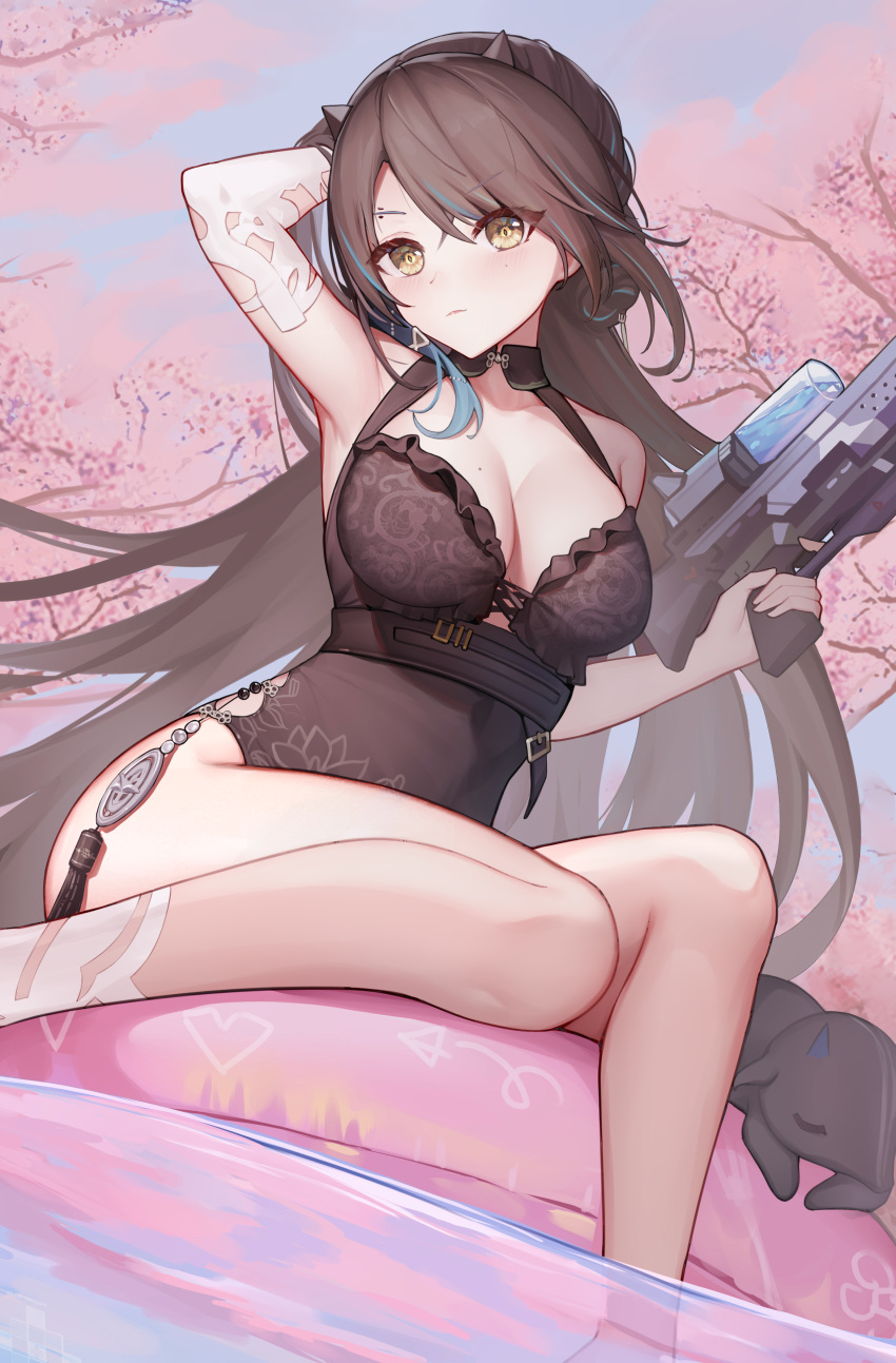 absurdres afloat air_mattress arknights arm_up armpits bare_legs blacknight_(arknights) blacknight_(summer_flowers)_(arknights) blush breasts brown_hair brown_swimsuit brown_thighhighs casual_one-piece_swimsuit cherry_blossoms cleavage closed_mouth creature cyanide-whale elbow_gloves female gloves hand_in_own_hair highres holding holding_water_gun horns large_breasts long_hair looking_at_viewer mole mole_above_eye mole_on_breast official_alternate_costume one-piece_swimsuit single_glove sitting soaking_feet solo swimsuit tassel thighhighs v-shaped_eyebrows very_long_hair water water_gun white_gloves yellow_eyes