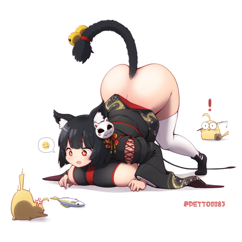 ! anger_vein animal_ears ass azur_lane black_hair blush bottomless breasts cat_ears cat_tail deto female highres huge_breasts japanese_clothes kimono large_breasts manjuu_(azur_lane) mask mask_on_head no_panties open_mouth red_eyes short_hair sideless_kimono spoken_emoji star-shaped_pupils star_(symbol) symbol-shaped_pupils tail thighhighs top-down_bottom-up white_thighhighs yamashiro_(azur_lane)