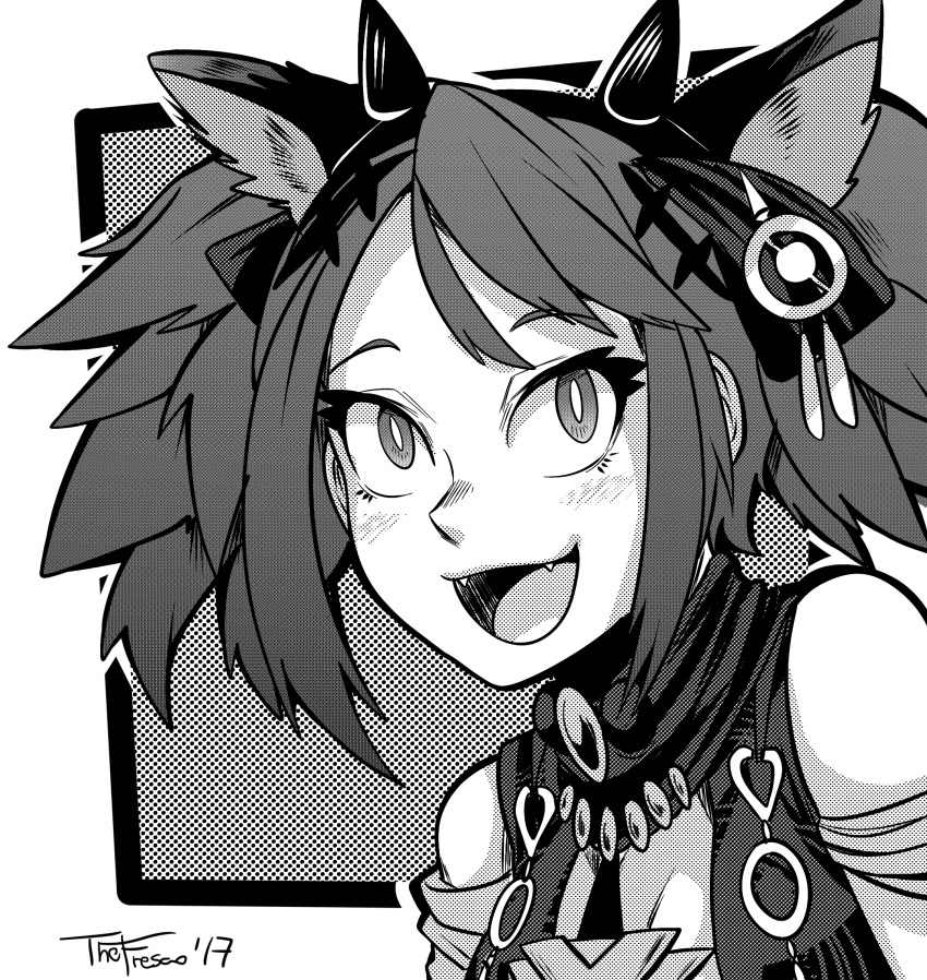 absurdres animal_ears bare_shoulders border bright_pupils commentary dated english_commentary eyelashes fake_horns fangs federico_freschi female force_of_will highres horned_headwear horns light_blush monochrome open_mouth pricia_(force_of_will) short_hair signature solo twintails upper_body white_pupils