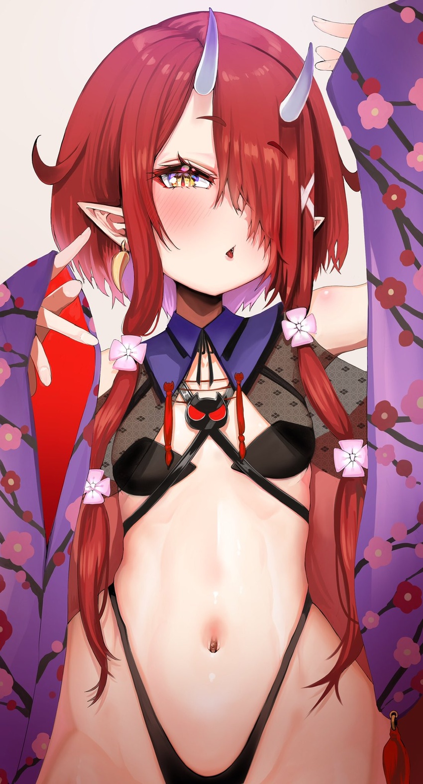 blush breasts detached_sleeves earrings female hair_over_one_eye highres hoozuki_warabe horns japanese_clothes jewelry kajimakoto long_hair looking_at_viewer navel noripro oni oni_horns parted_lips pointy_ears red_hair small_breasts solo stomach virtual_youtuber yellow_eyes